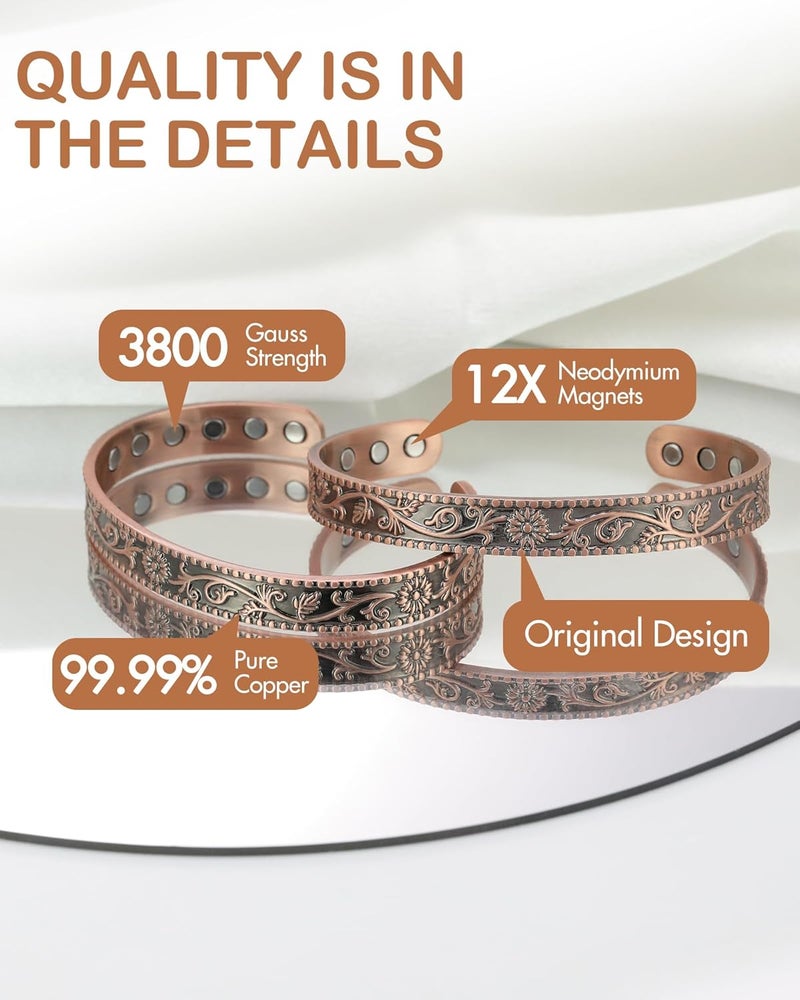 Feraco Pure Copper Bracelets for Women, 12X Enhanced Strength Magnetic Cuff Bangle for Women, 3800 Gauss Neodymium Magnets, Adjustable (Daisy) - Image 3